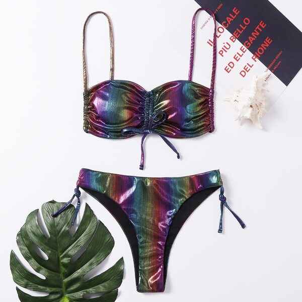 

Metallic Drawstring Front Tie Side Bikini Swimsuit, Multicolor
