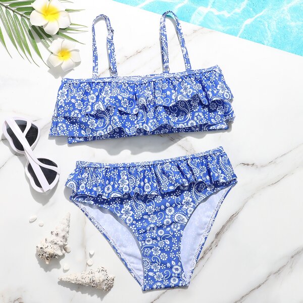 

Girls Ditsy Floral Ruffle Bikini Swimsuit, Blue and white