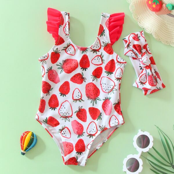 

Baby Girl Strawberry Print One Piece Swimsuit & Headband, Multicolor
