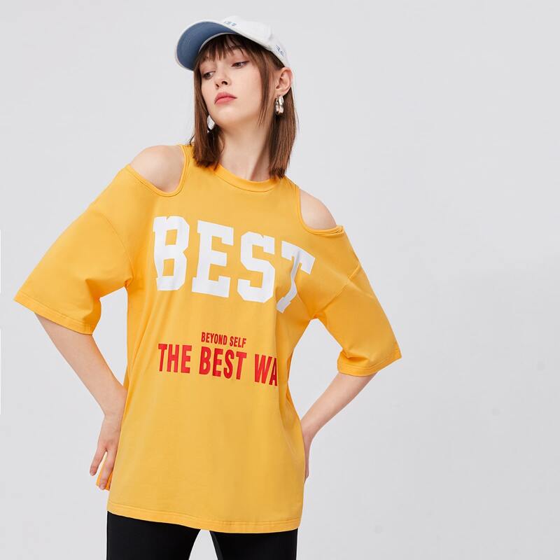 Slogan Graphic Cold Shoulder Tee, Mustard yellow