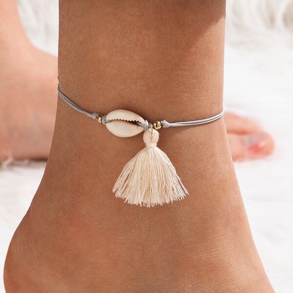 

Shell & Tassel Decor Anklet, Grey