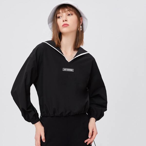 

Letter Graphic Drawstring Hem Jacket, Black