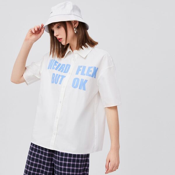 

Slogan Graphic Drop Shoulder Blouse, Beige