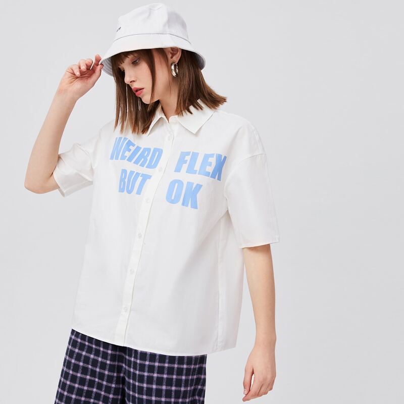 

Slogan Graphic Drop Shoulder Blouse, Beige