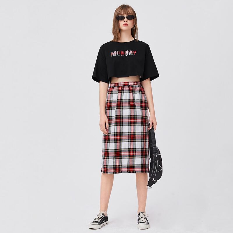 

Drop Shoulder Crop Tee & Tartan Skirt Set, Multicolor