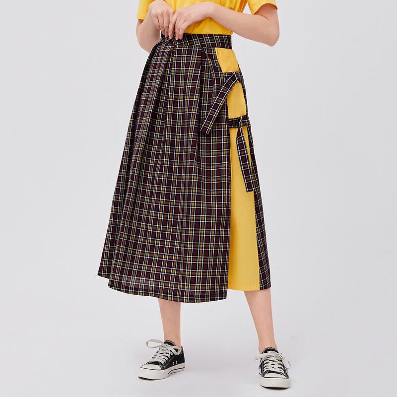

Plaid Split Thigh Skirt, Multicolor