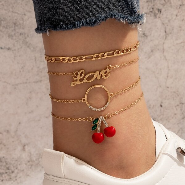 

4pcs Cherry Charm Anklet, Gold