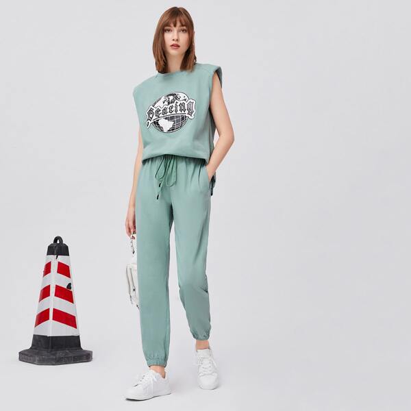 

Shoulder Pad Tank Top & Drawstring Sweatpants Set, Green