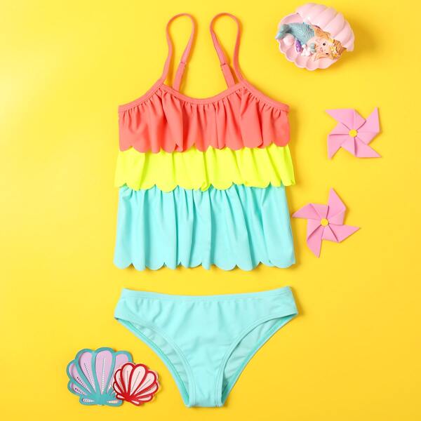 

Toddler Girls Color Block Scalloped Trim Bikini Swimsuit, Multicolor
