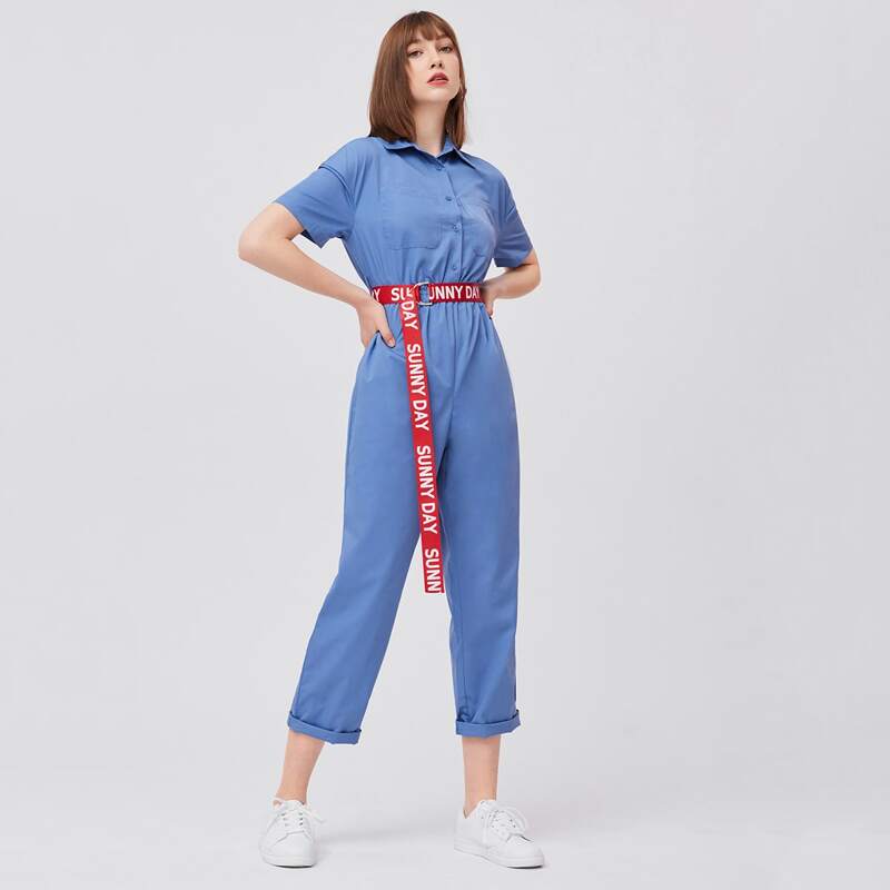 

Button Front Jumpsuit With Belt, Blue
