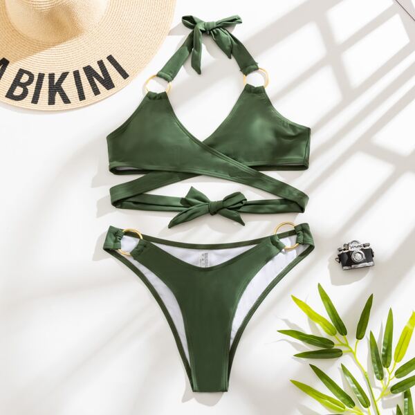 

Solid Wrap Halter Bikini Swimsuit, Army green