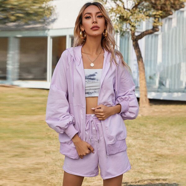

Zip Up Raglan Sleeve Hoodie & Shorts, Lilac purple