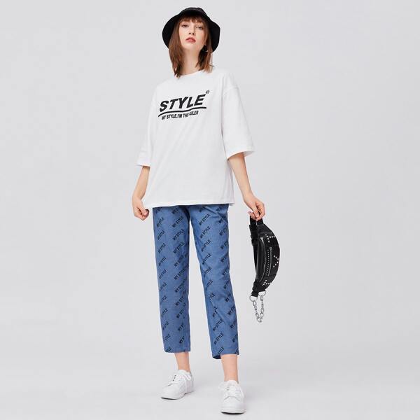 

Drop Shoulder Letter Graphic Tee & Pants Set, Blue and white