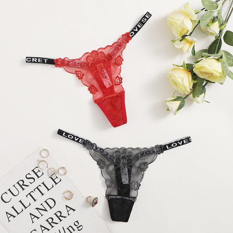

2pack Letter Tape Embroidered Mesh Panty Set, Multicolor