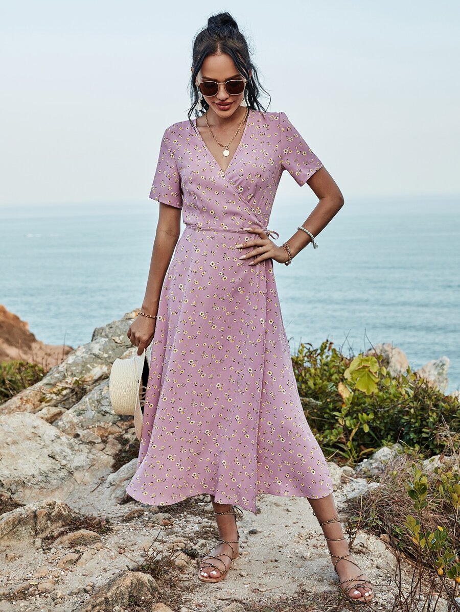 SHEIN VCAY Vestido Nudo floral de margarita Bohemio - Rosa vieja - Ver 1