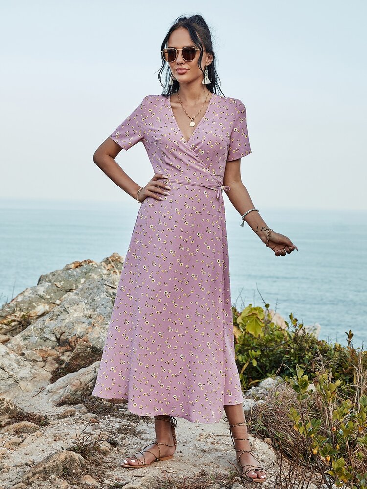 SHEIN VCAY V Neck Ditsy Floral Wrap Dress - Dusty Pink - View 5
