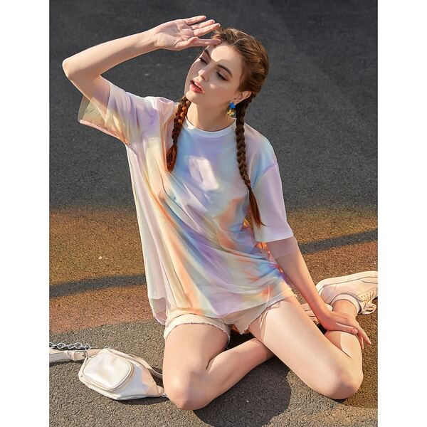

Ombre Mesh Overlay Drop Shoulder Tee, Multicolor