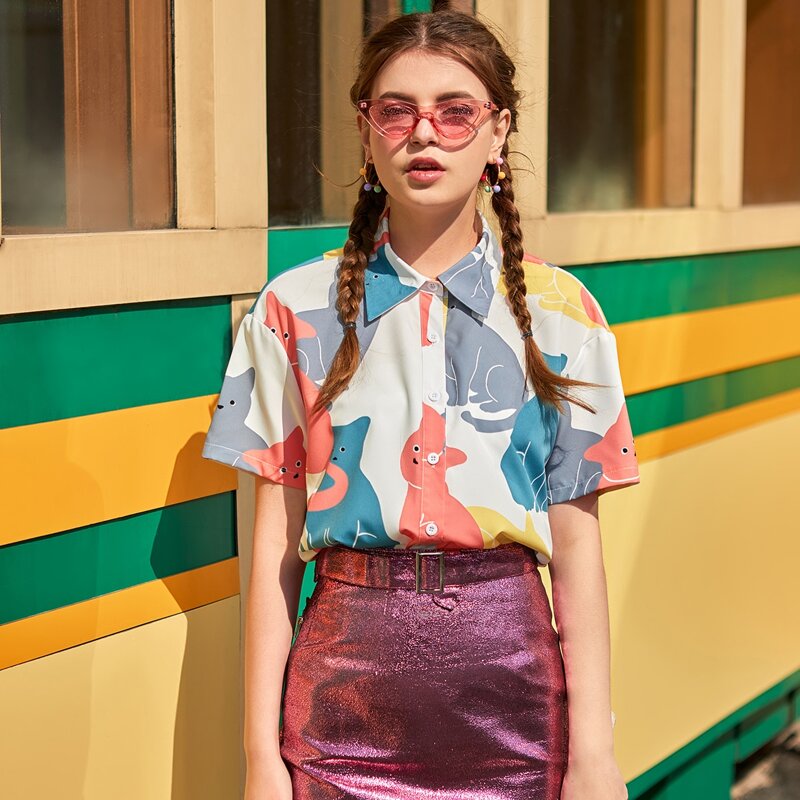 

Cartoon Graphic Button Front Blouse, Multicolor
