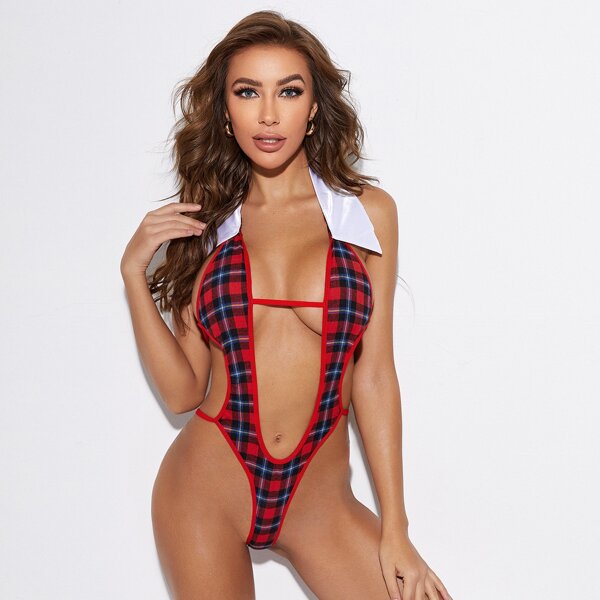 

Tartan Cut Out Costume Teddy Bodysuit, Multicolor