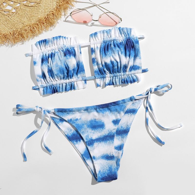 

Tie Dye Ruched Tie Side Bikini Swimsuit, Blue