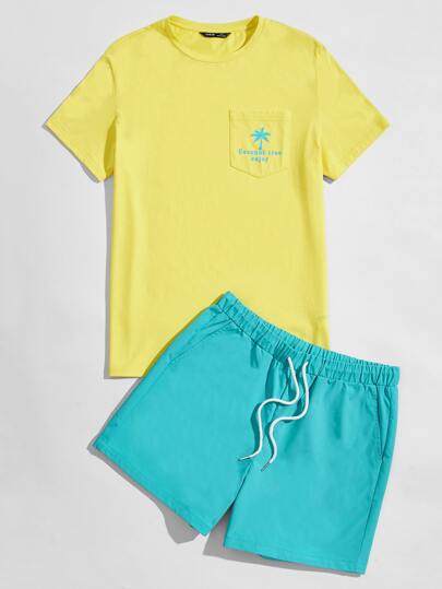 GENTILAND Men Letter & Tree Print Tee and Shorts Set