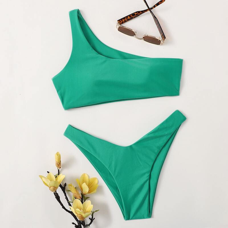 

One Shoulder High Cut Bikini Swimsuit, Green