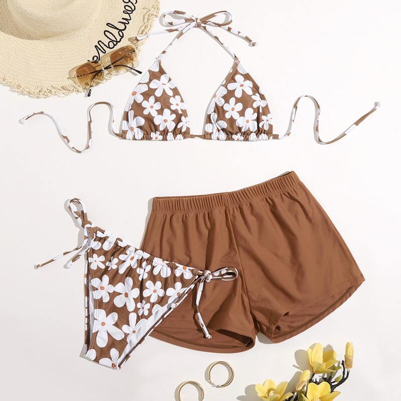 

3pack Floral Triangle Bikini Swimsuit, Brown