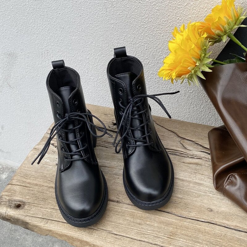 

Lace-up Chunky Heeled Combat Boots, Black
