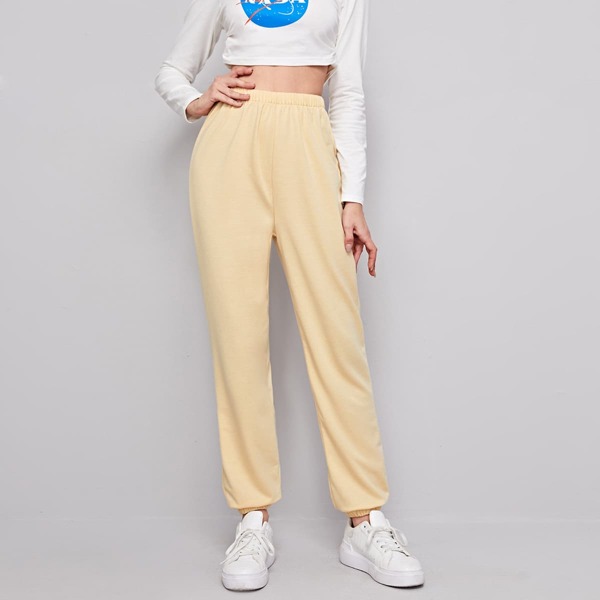 

Solid High Waist Sweatpants, Apricot