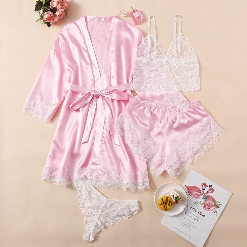 

4pack Floral Lace Satin Lingerie Set With Robe, Pink