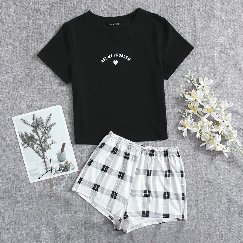 

Slogan And Plaid Pajama Set, Black and white