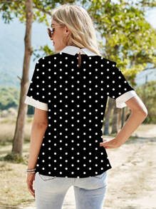 Contrast Collar Polka Dot Blouse - Black - View 2