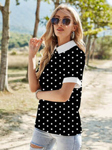 Contrast Collar Polka Dot Blouse - Black - View 3