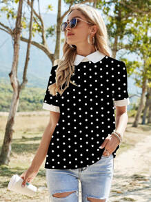 Contrast Collar Polka Dot Blouse - Black - View 4