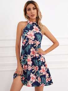 SHEIN VCAY Tie Back Floral Halter Dress - Multicolor - View 1