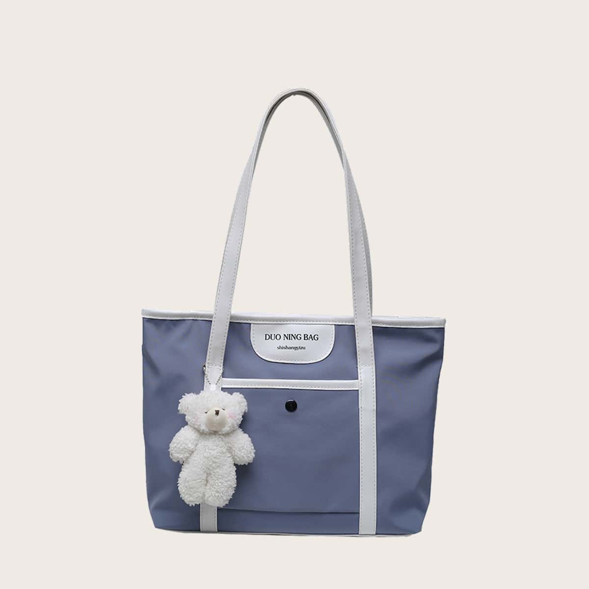

Simple Tote Bag With Bear Bag Charm, Dusty blue