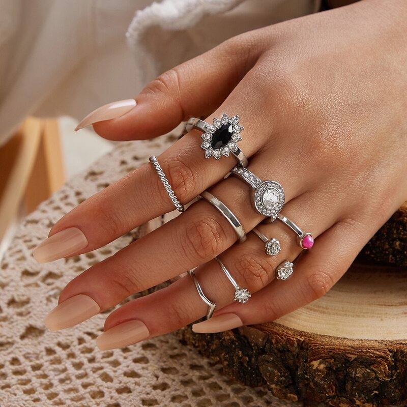 

8pcs Rhinestone Floral Ring, Silver