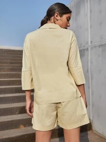 Drop Shoulder Bluse mit Knöpfen & Shorts Set