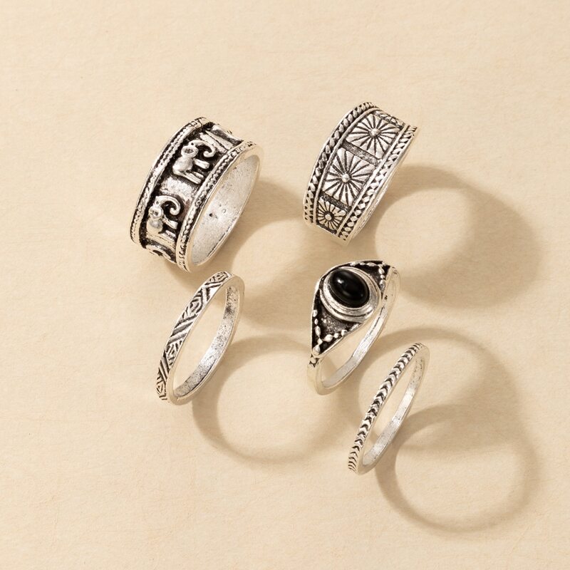 

5pcs Floral & Elephant Ring, Silver