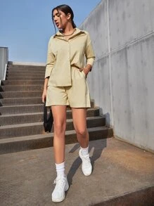 Drop Shoulder Bluse mit Knöpfen & Shorts Set