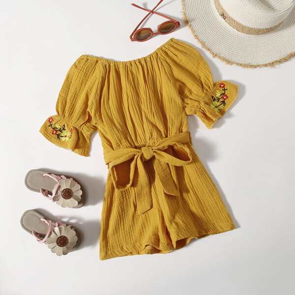 

Toddler Girls Floral Embroidered Belted Romper, Mustard yellow