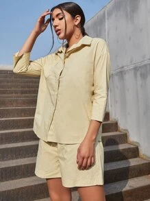 Drop Shoulder Bluse mit Knöpfen & Shorts Set