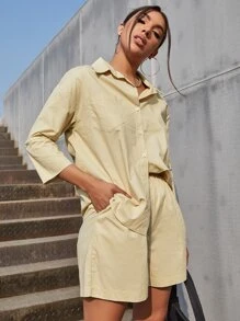 Drop Shoulder Bluse mit Knöpfen & Shorts Set