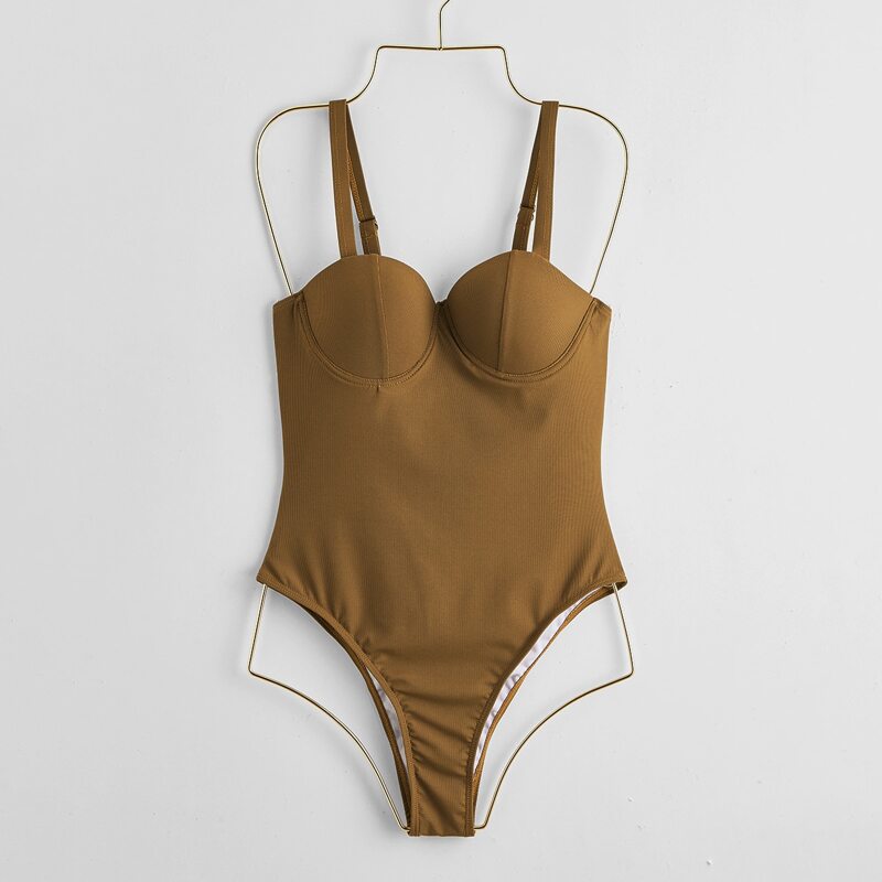 Solid Push Up One Piece Swimsuit, Brown