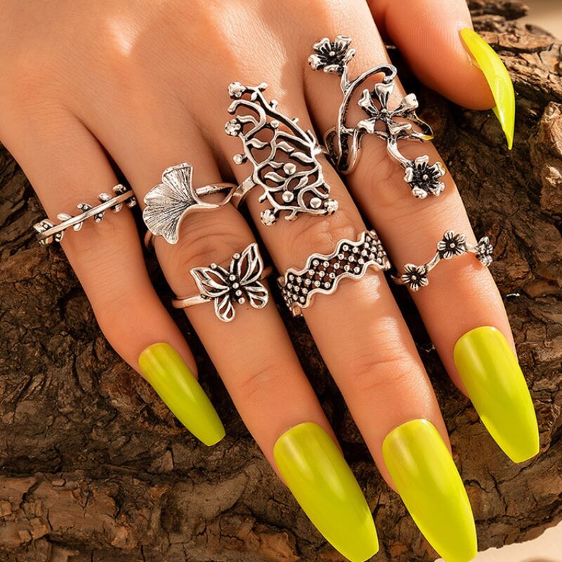 

7pcs Flower & Butterfly Decor Ring, Antique silver