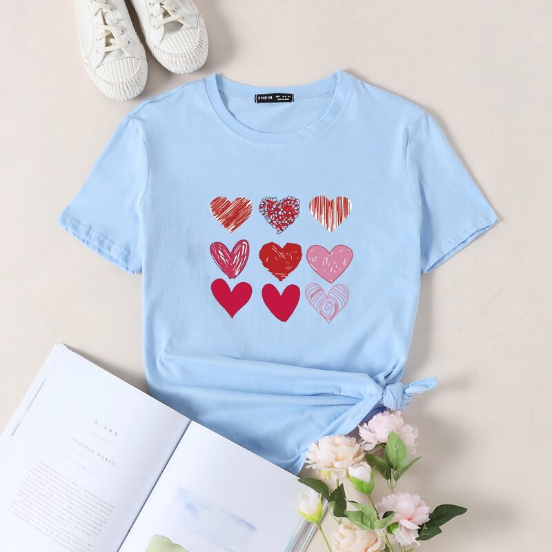 

Heart Print Round Neck Tee, Baby blue