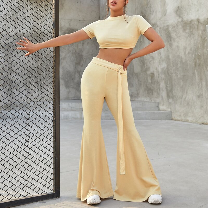 

Crop Tee & Belted Flare Leg Pants Set, Beige