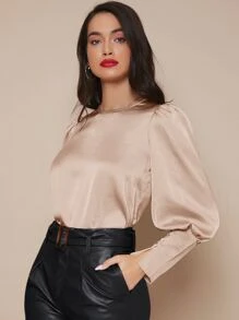 SHEIN Privé Buttoned Cuff Lantern Sleeve Satin Top - Apricot - View 1
