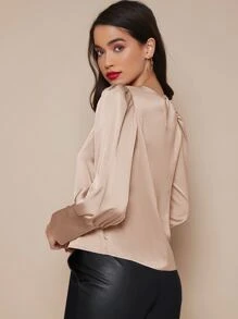 SHEIN Privé Buttoned Cuff Lantern Sleeve Satin Top - Apricot - View 2