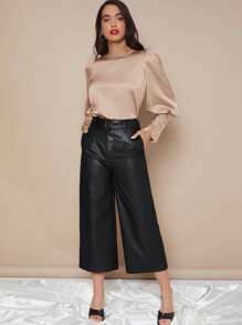 SHEIN Privé Buttoned Cuff Lantern Sleeve Satin Top - Apricot - View 3